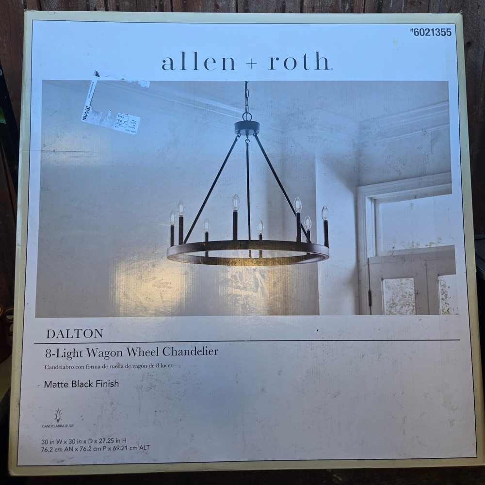 Allen + Roth Dalton Wagon Wheel Chandelier 30in Matte Black 8-Light NEW 6021355